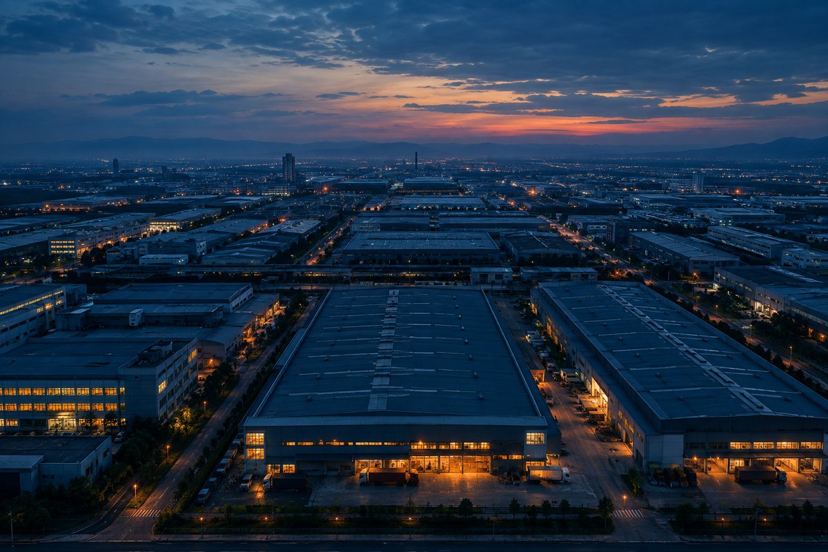 Aerial view of a manufacturing district at dusk, a few plants lit