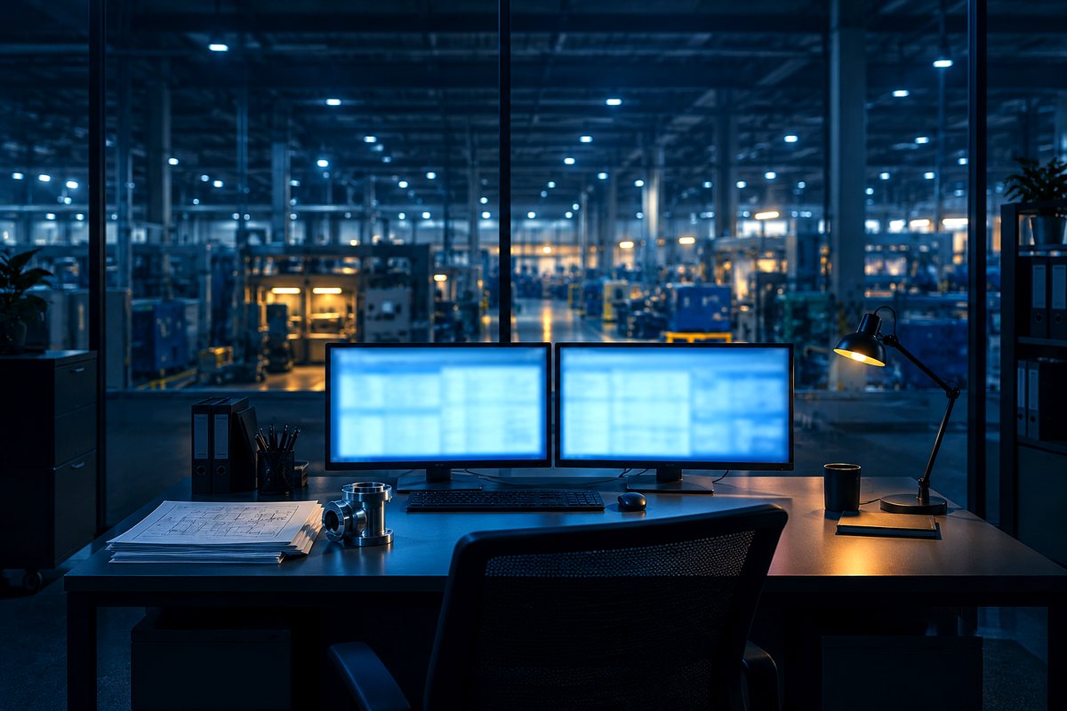 A factory procurement office at night, two monitors lit, the shop floor behind glass