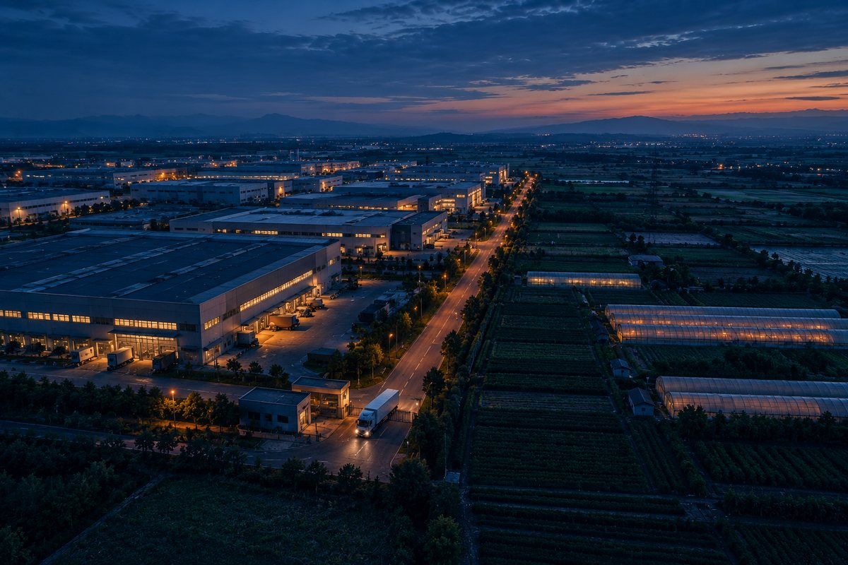 Aerial view at dusk: an industrial park on one side, farmland and greenhouses on the other, a truck leaving the park