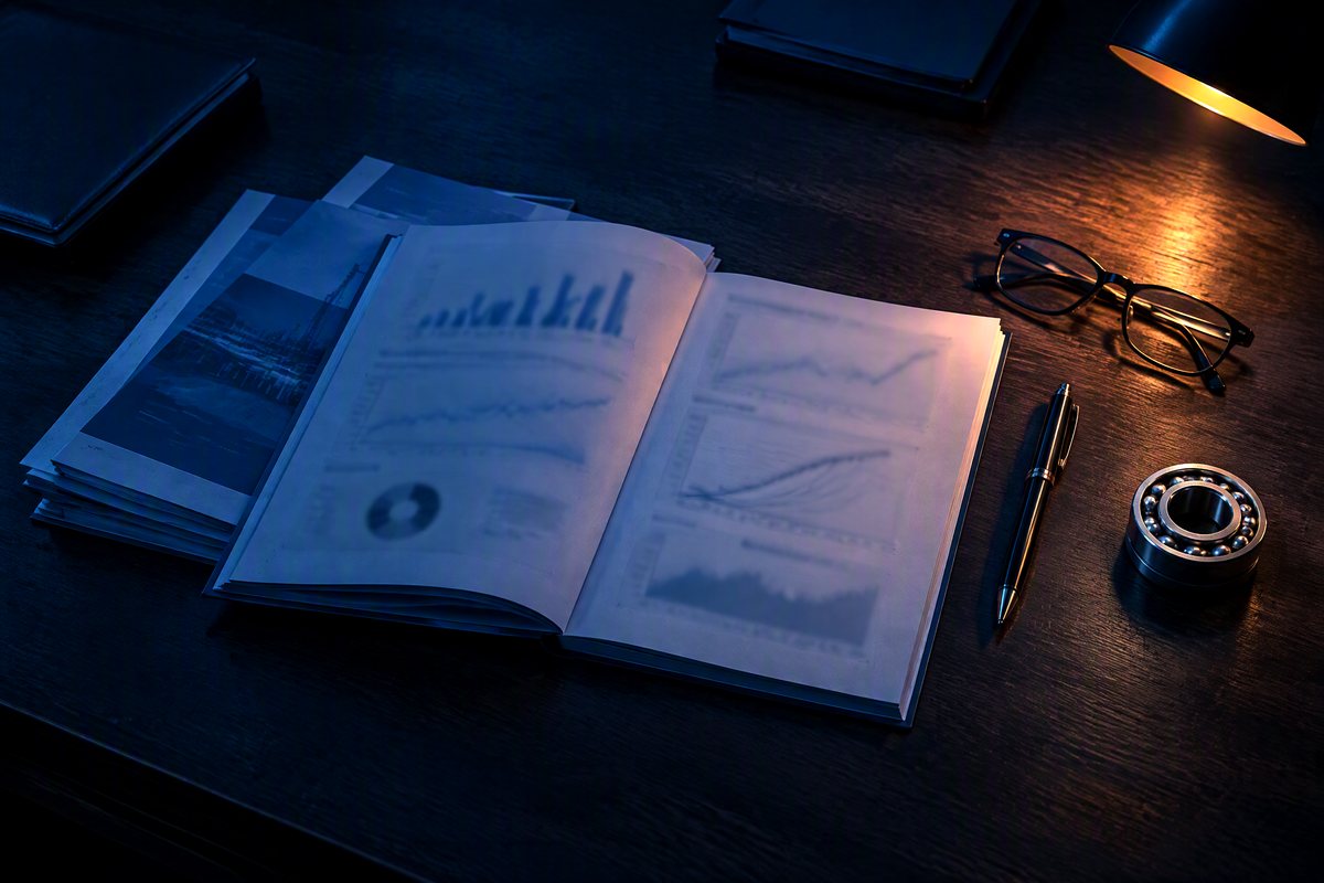 Research reports open on a desk with glasses, a pen and a bearing